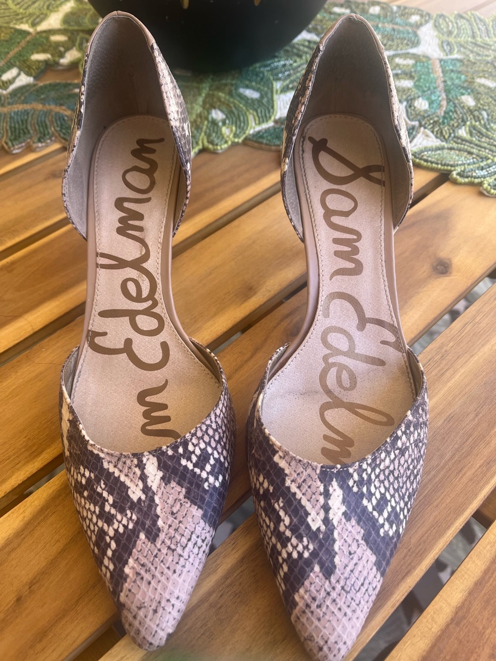 Sam Edelman Pink and Black Snake-Print Pointed D'Orsay Heels